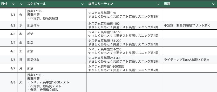 TEAP対策専門塾スケジュール